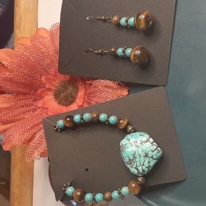 Turquoise And Tigers Eye Bracelet And Earrings Set